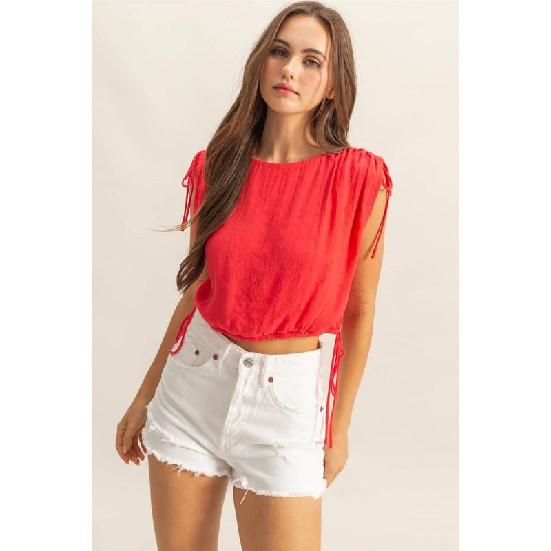 Red Tie Detail Bubble Hem Top