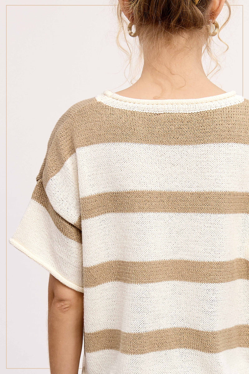 Taupe Boxy Silhouette Stripe Lightweight Sweater Top