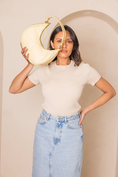 Pastel Yellow Aria Whipstitch Crescent Shoulder Bag