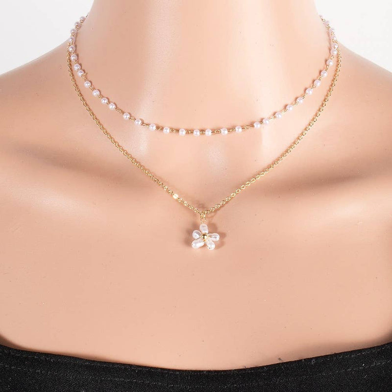 Pearl Beaded Flower Pendant Layered Necklace
