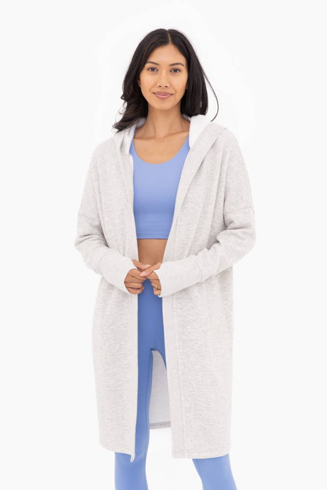 Two Tone Open Front Longline Hoodie Cardigan w/ Fleece