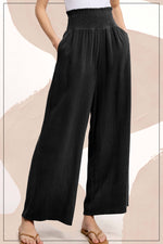 Black Smocked Waist Linen Pants
