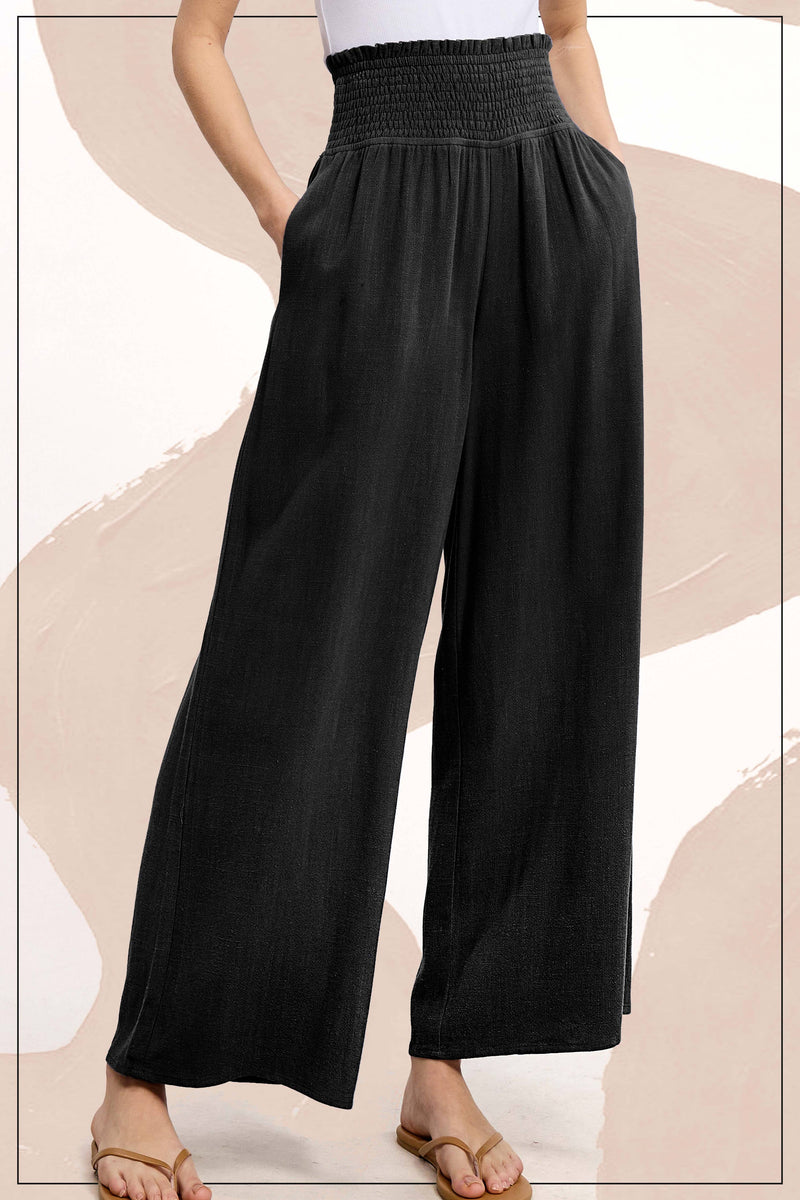 Black Smocked Waist Linen Pants