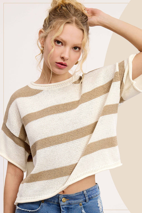Taupe Boxy Silhouette Stripe Lightweight Sweater Top