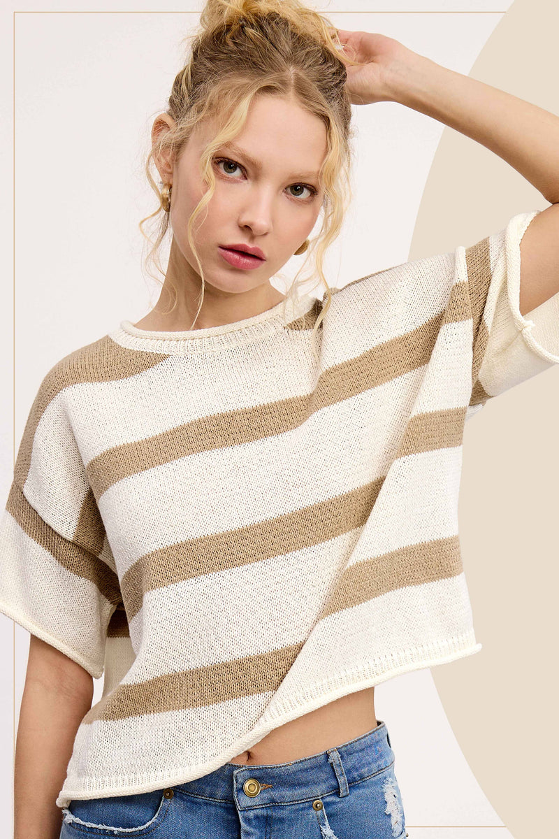 Taupe Boxy Silhouette Stripe Lightweight Sweater Top