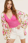 Pearl/Pink Floral Pattern Front Tie Blouse