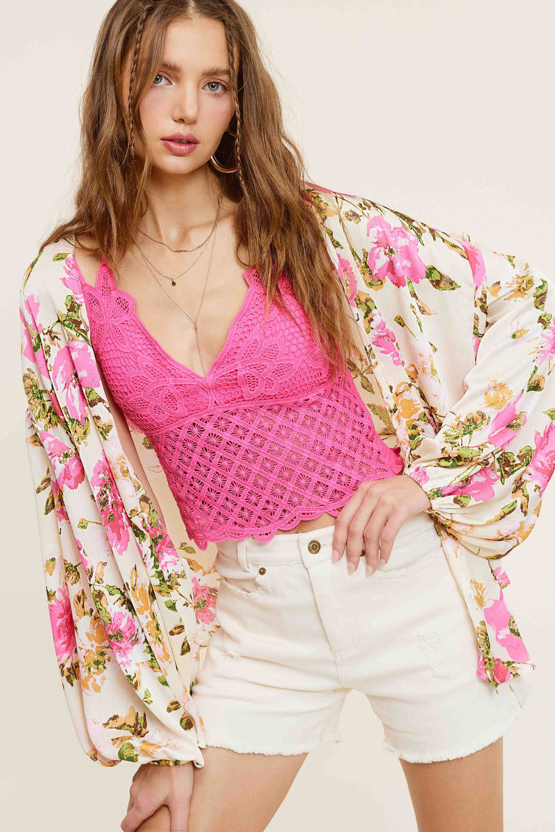Pearl/Pink Floral Pattern Front Tie Blouse