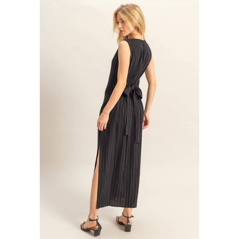 Black Striped Rayon Linen Maxi Dress