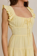 Butter Yellow Ruffle Shoulder Lace Trim Mini Dress
