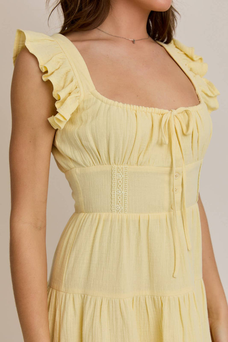 Butter Yellow Ruffle Shoulder Lace Trim Mini Dress