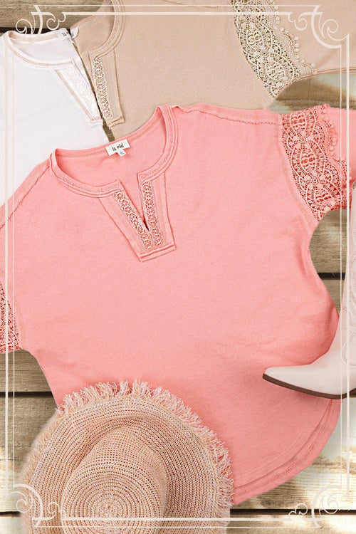 Coral Pink Embroidered Crochet Long Sleeve Top