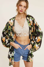 Black Floral Pattern Front Tie Blouse