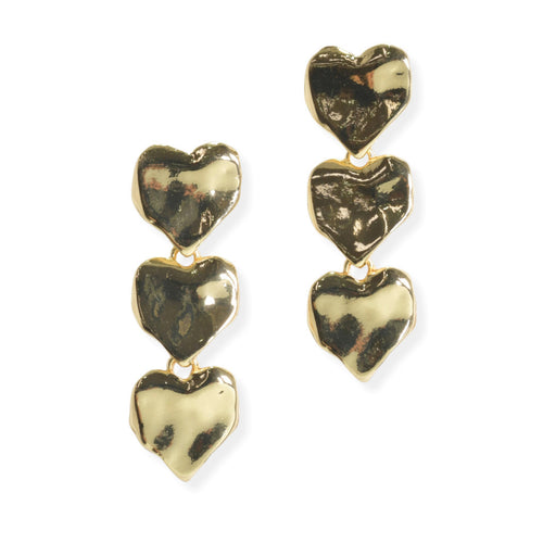 Gold Hammered Triple Heart Dangle Earrings
