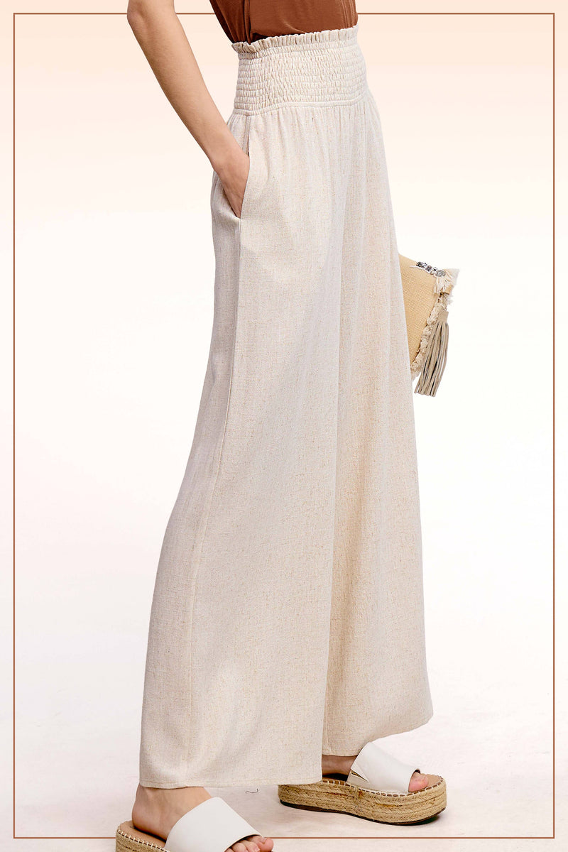 Neutral Smocked Waist Linen Pants
