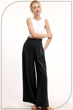 Black Smocked Waist Linen Pants