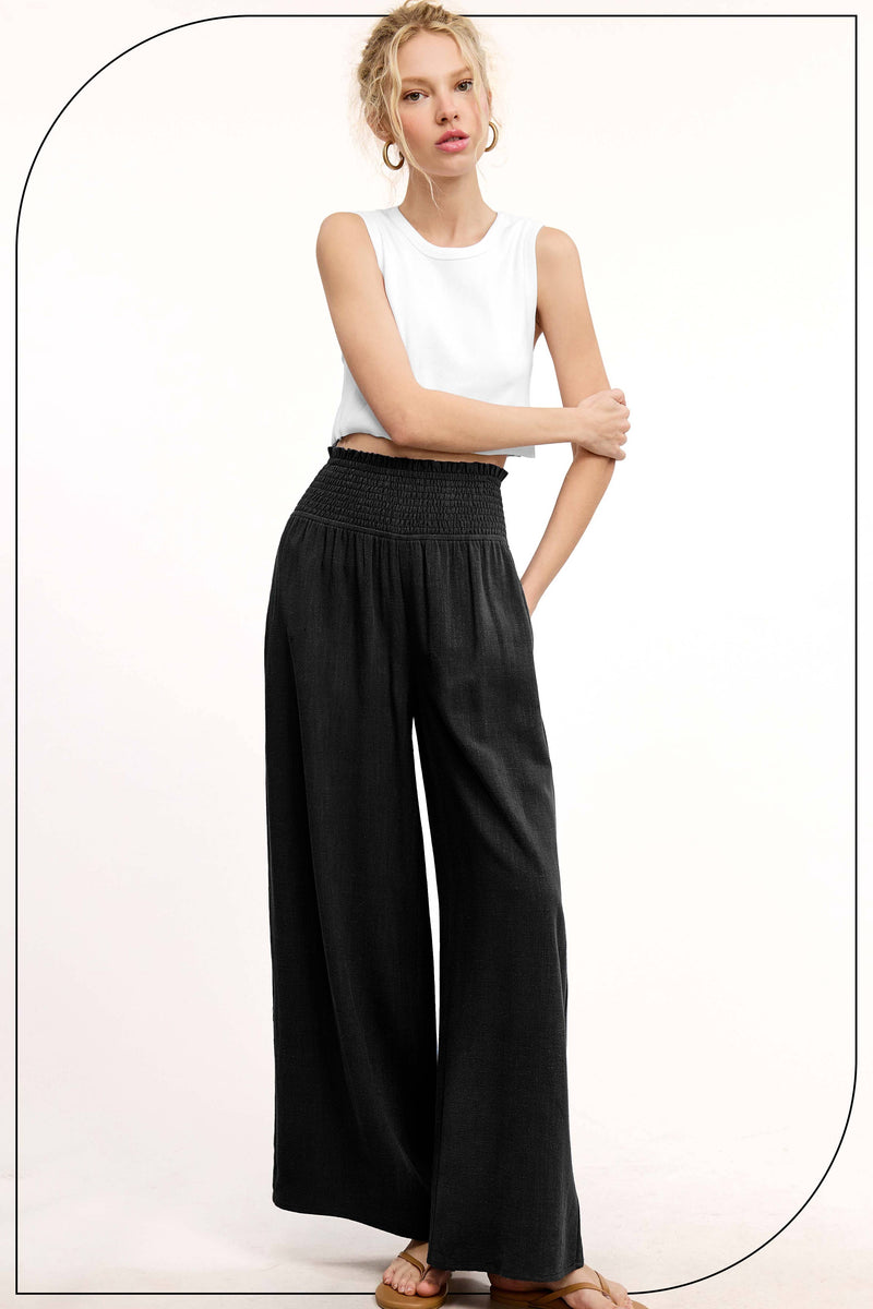 Black Smocked Waist Linen Pants