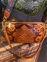 Brown Western Accent Embossed Baguette Bag