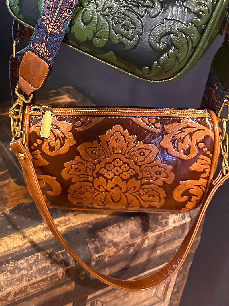Brown Western Accent Embossed Baguette Bag