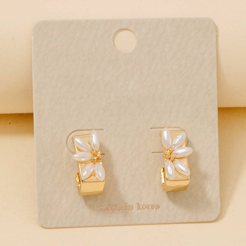 Pearl Beads Half Flower Rectangle Hoop Earrings