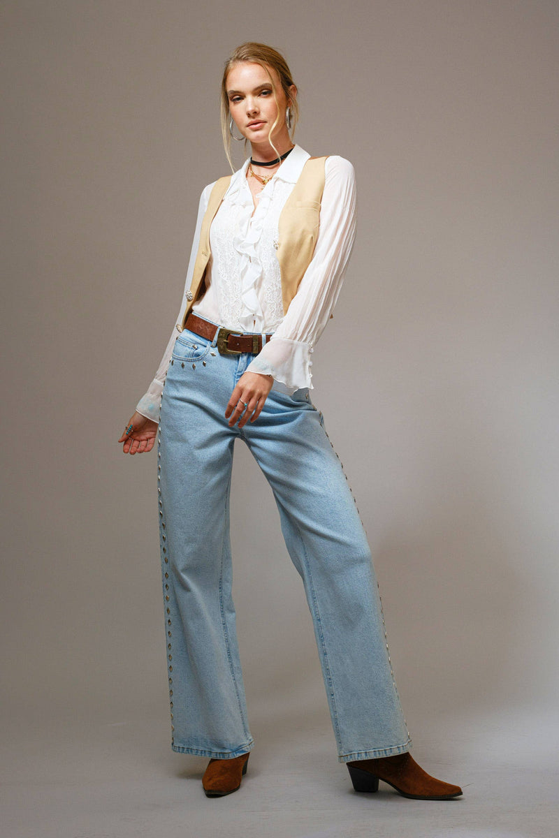 Western Diamond Studded Straight Leg Jeans