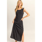 Black Striped Rayon Linen Maxi Dress