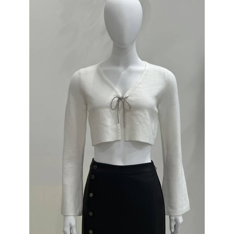 I Do Front Tie White & Silver Bow Crop Cardigan