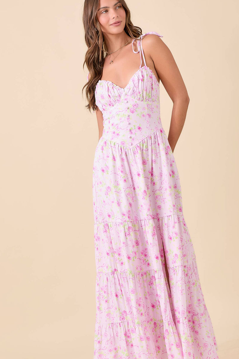 Light Pink Floral Strap Tie Maxi Dress