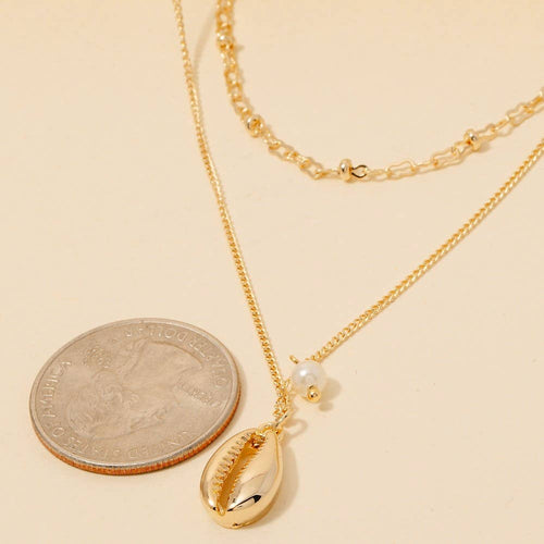 Pearl And Puka Shell Pendant Layered Chain Necklace
