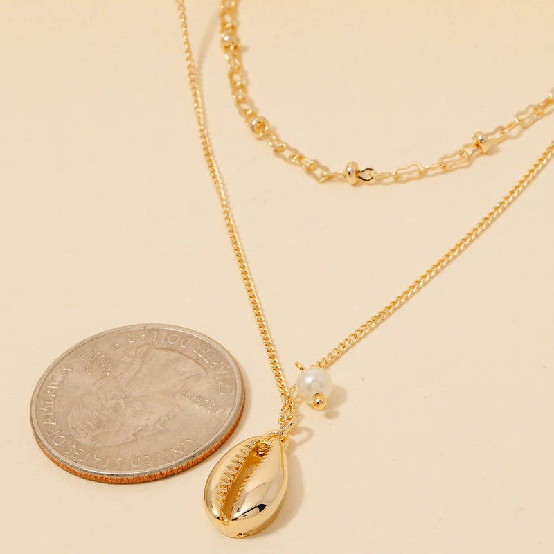 Pearl And Puka Shell Pendant Layered Chain Necklace