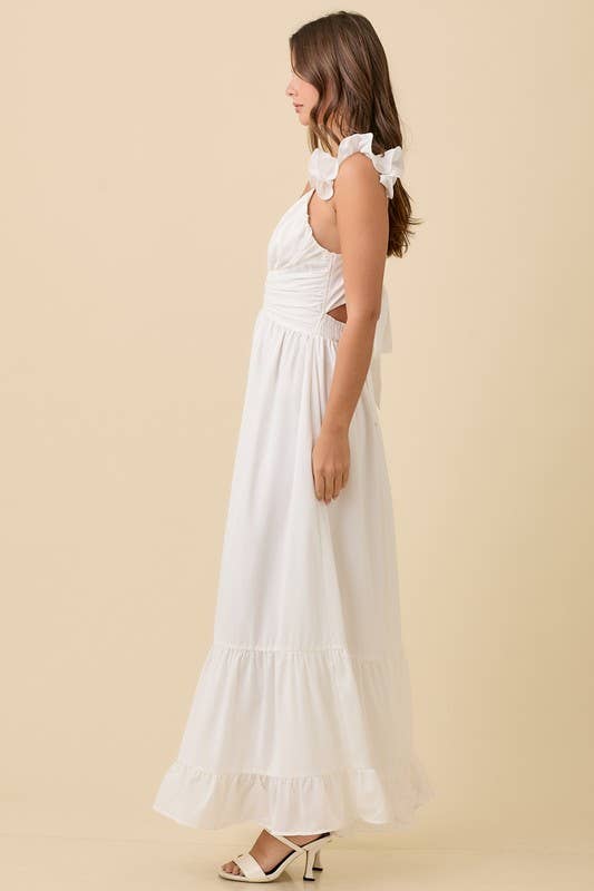 White Maxi Ruffle Sleeve Dress w/ Back Tie