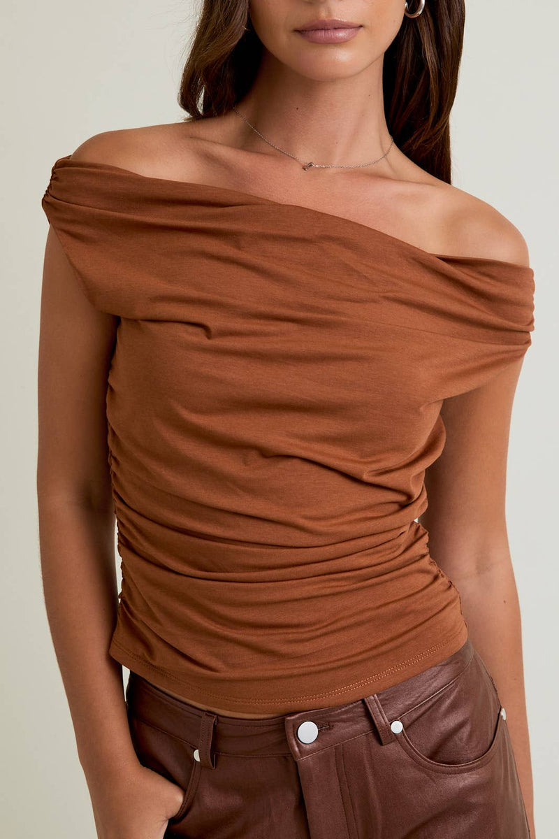 Brown Off The Shoulder Top With Ruching