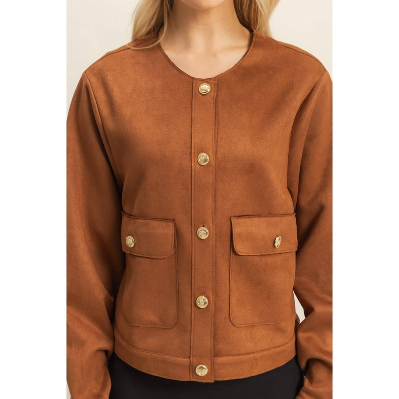 Brown Suede Jacket With Golden Button Details