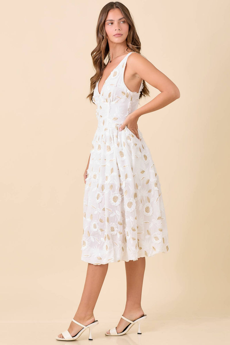Low V-neck Midi Dress With 3D Floral Fabric