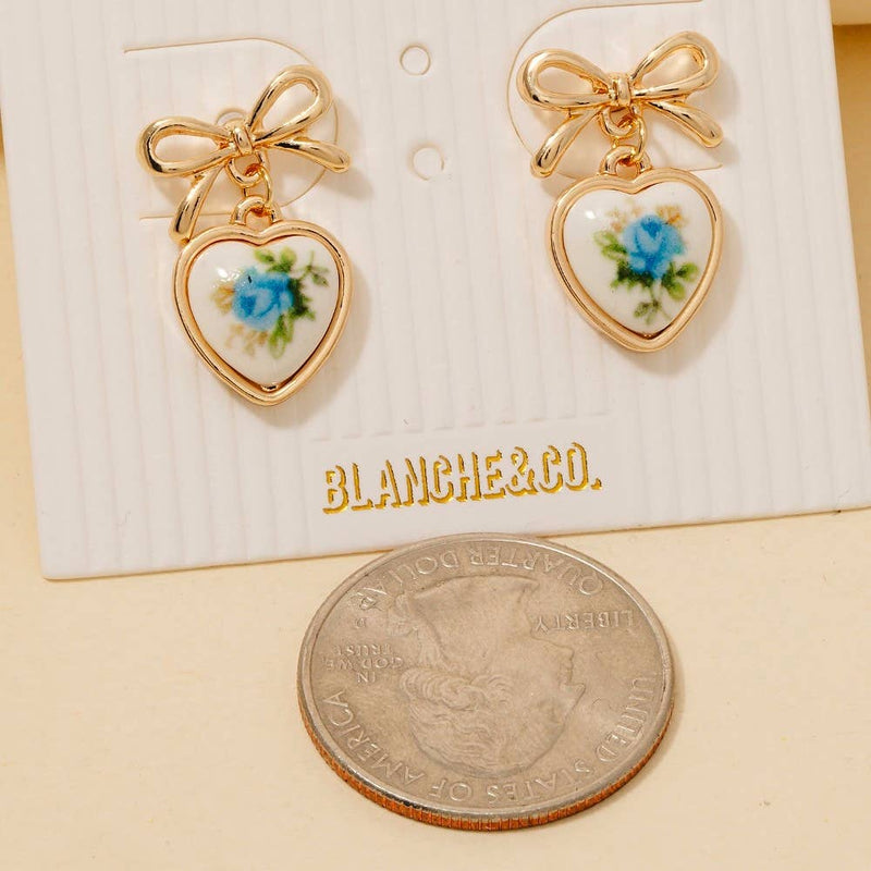Blue Flower Heart Drop Ribbon Bow Stud Earrings