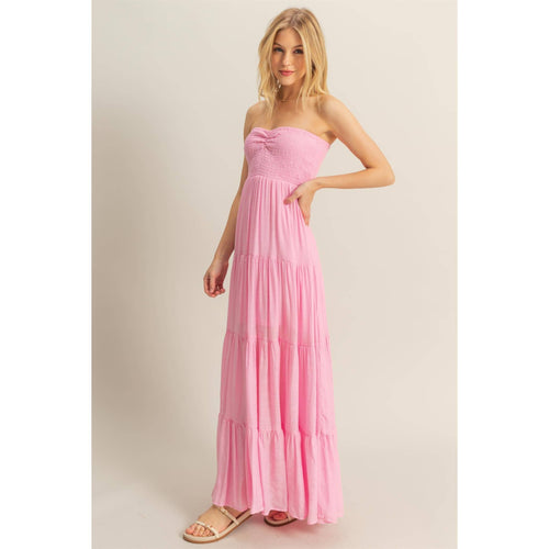 Light Pink Strapless Ruched Bust Tiered Maxi Dress