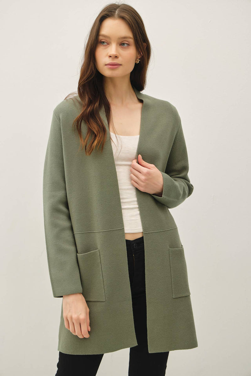 Open Front Olive Knit Sweater Coat