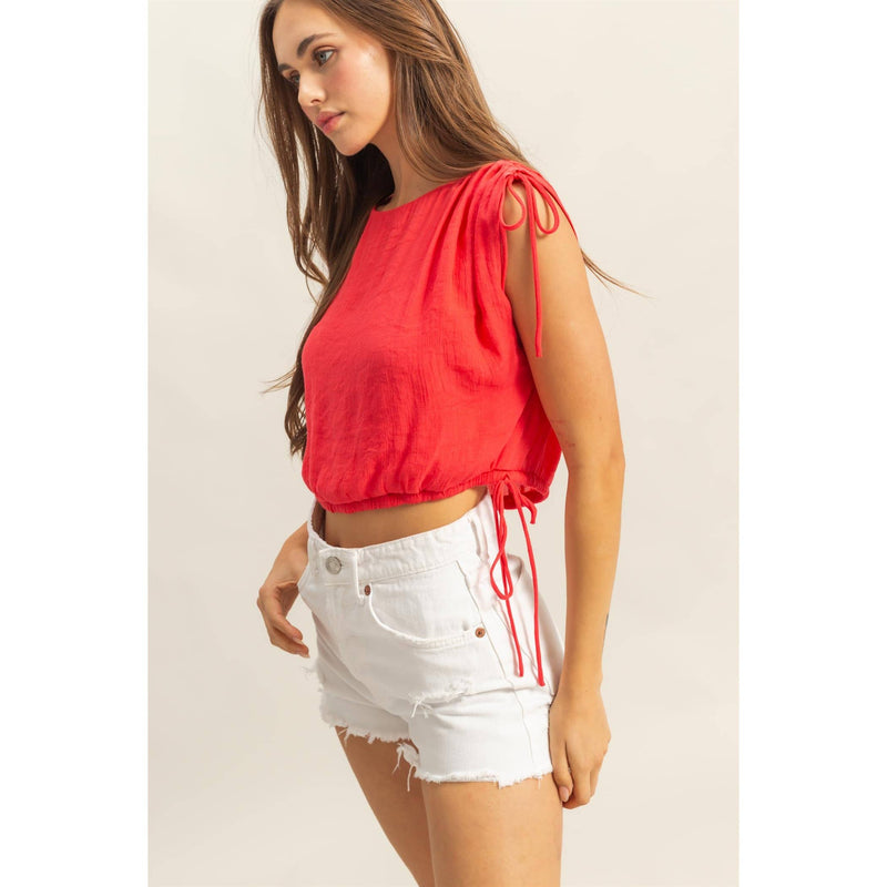 Red Tie Detail Bubble Hem Top