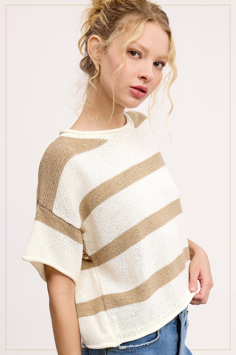 Taupe Boxy Silhouette Stripe Lightweight Sweater Top