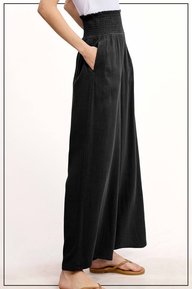 Black Smocked Waist Linen Pants