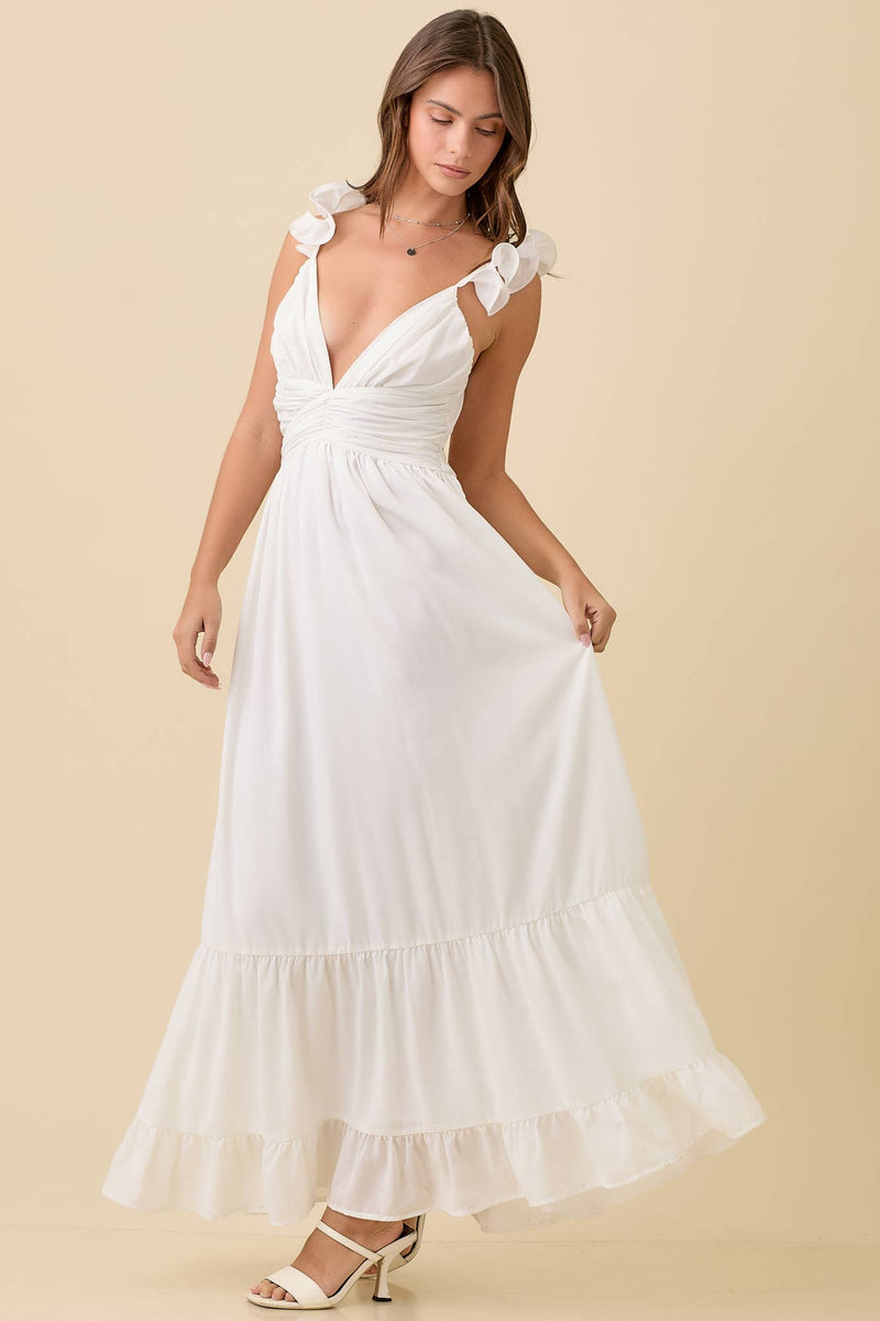 White Maxi Ruffle Sleeve Dress w/ Back Tie