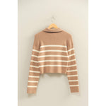 Taupe Striped Ribbed Zip Up Sweater