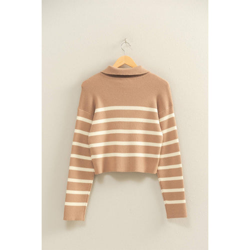 Taupe Striped Ribbed Zip Up Sweater