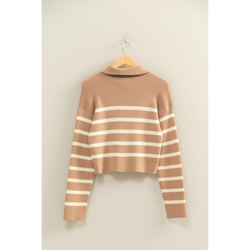 Taupe Striped Ribbed Zip Up Sweater