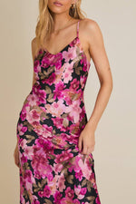Pink Dark Floral Satin maxi Dress