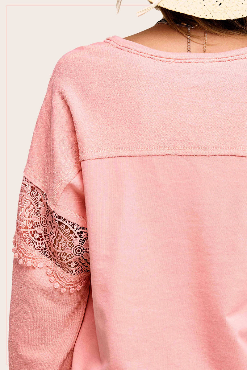 Coral Pink Embroidered Crochet Long Sleeve Top