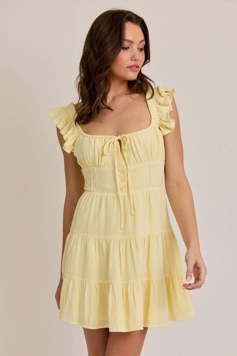 Butter Yellow Ruffle Shoulder Lace Trim Mini Dress
