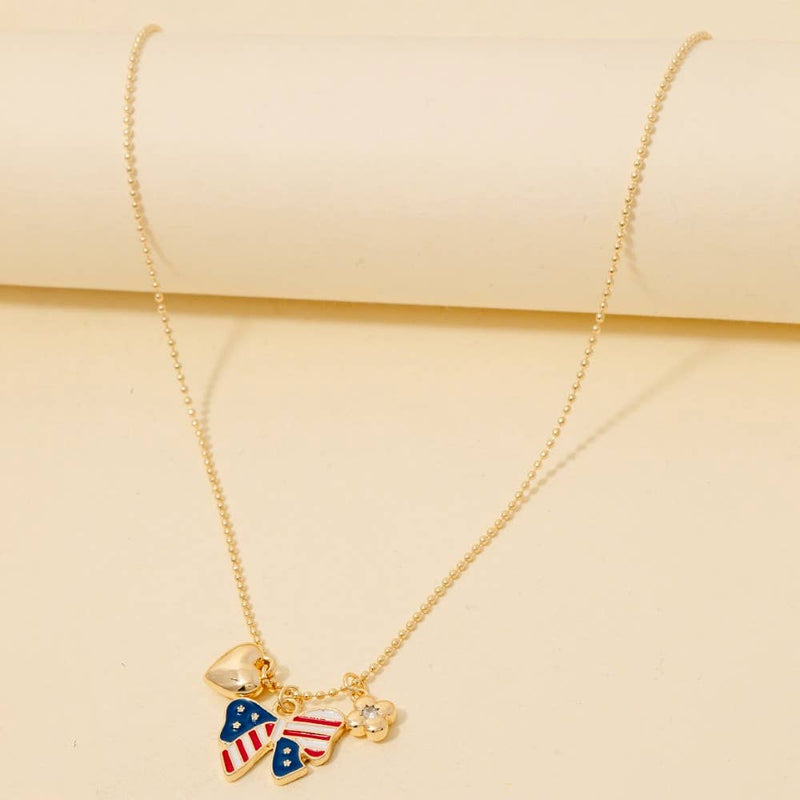 Heart & USA Bow Charm Necklace