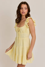 Butter Yellow Ruffle Shoulder Lace Trim Mini Dress