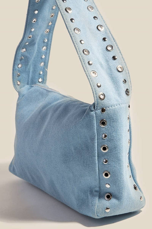 Wide Boxy Denim Studded Shoulder Bag