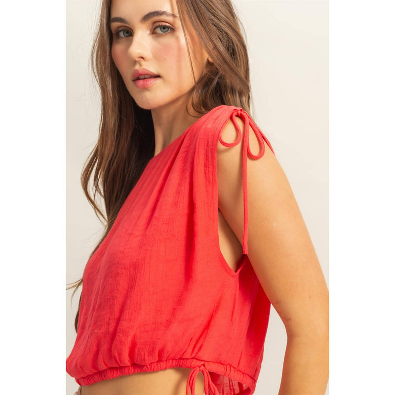 Red Tie Detail Bubble Hem Top